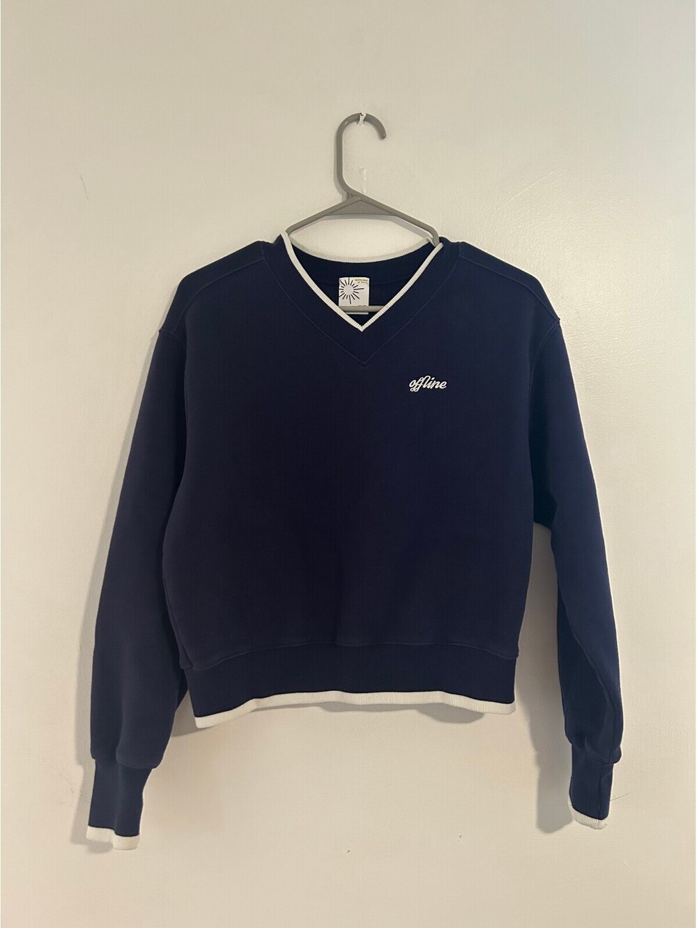 OFFLINE by Aerie Navy Varsity V-Neck Sweatshirt Oversized Pullover XS